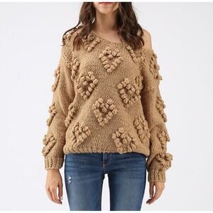 Chicwish‎ Knit Your Love Sweater Large V-Neck Chunky Knit Romantic Pom Pom Tan